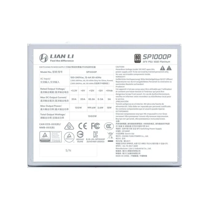 LIAN LI SP1000P White 1000W 80+ Platinum SFX PSU 12V-2x6 10Y Warranty — image 6