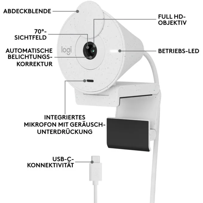 Logitech BRIO 300 - Full HD 1080p Webcam (White) - 30 fps, Built-in Microphone, Privacy Cover — image 4