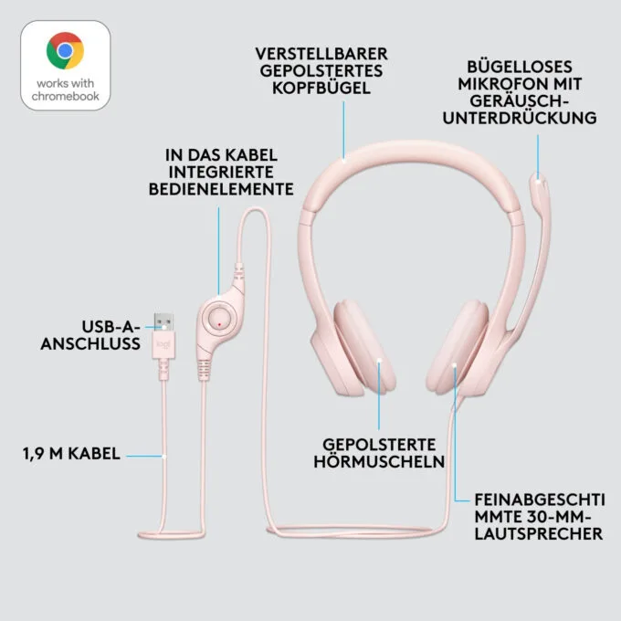 Logitech H390 USB-A Wired On-Ear Headset - Rose, Boom Microphone, In-line Mute & Rotary Volume, 1.9m Cable — image 4