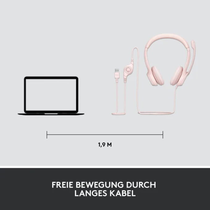 Logitech H390 USB-A Wired On-Ear Headset - Rose, Boom Microphone, In-line Mute & Rotary Volume, 1.9m Cable — image 6