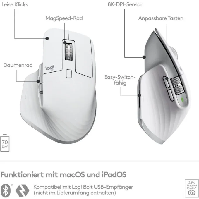 Logitech MX Master 3S for Mac - MX Master 3S - Right-hand, Bluetooth, 8000 DPI, 2.4 GHz, Grey — image 10