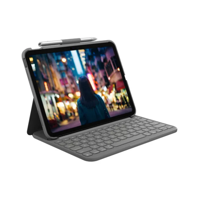 Logitech Slim Folio Keyboard Case - 920-011423 - Oxford Grey, German QWERTZ, Bluetooth, for iPad — image 1
