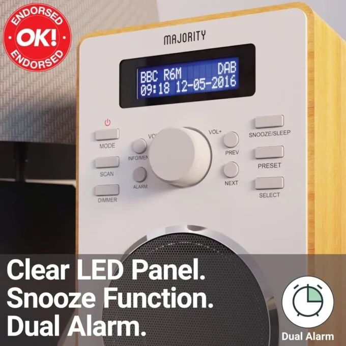 Majority BARTON Radio - Digital FM,LED Display,Dual Alarms,Snooze Oak — image 4