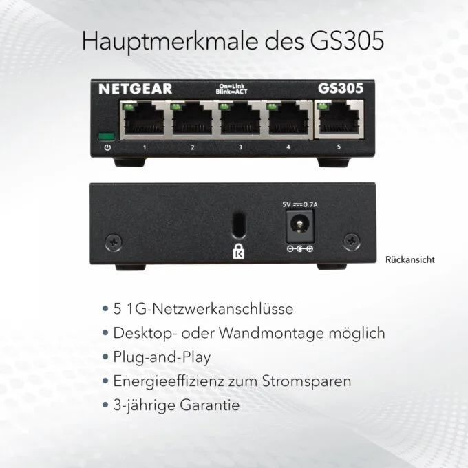 NETGEAR GS305 - 5-Port Gigabit Unmanaged Switch - Black Metal, Wall-Mountable — image 7