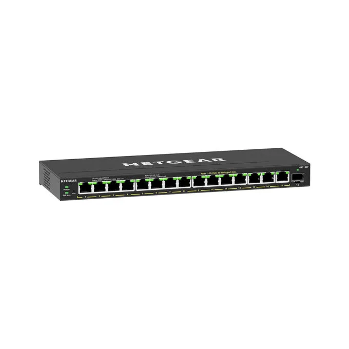 NETGEAR GS316EP-100PES - 16-Port PoE+ Gigabit Switch, 180W Budget, 15x RJ45 + 1 SFP, Black, Managed — image 1