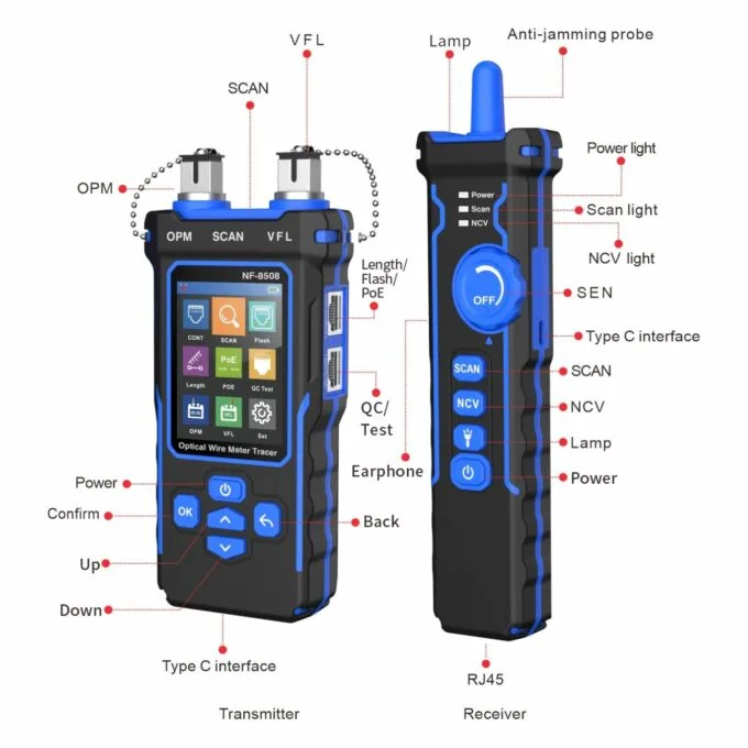 Noyafa Multi-Function Cable Tester - NF-8508 - RJ11, RJ45, PoE, Fiber Optic OPM VFL, NCV & Cable Length Measurement — image 4