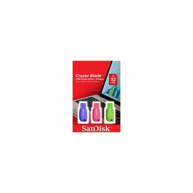 SanDisk Cruzer Blade USB Flash Drive - 32GB - USB-A 2.0 - Capless Keyring - Blue/Green/Pink — image 1