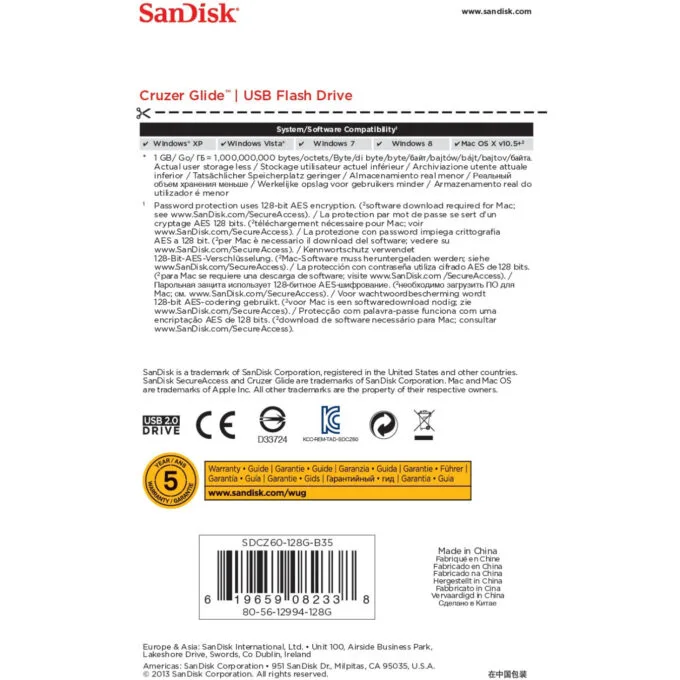 SanDisk Cruzer Glide - 128GB USB 2.0 Flash Drive - Black/Red, USB-A Slide Design, 128-bit AES Password Protection — image 7