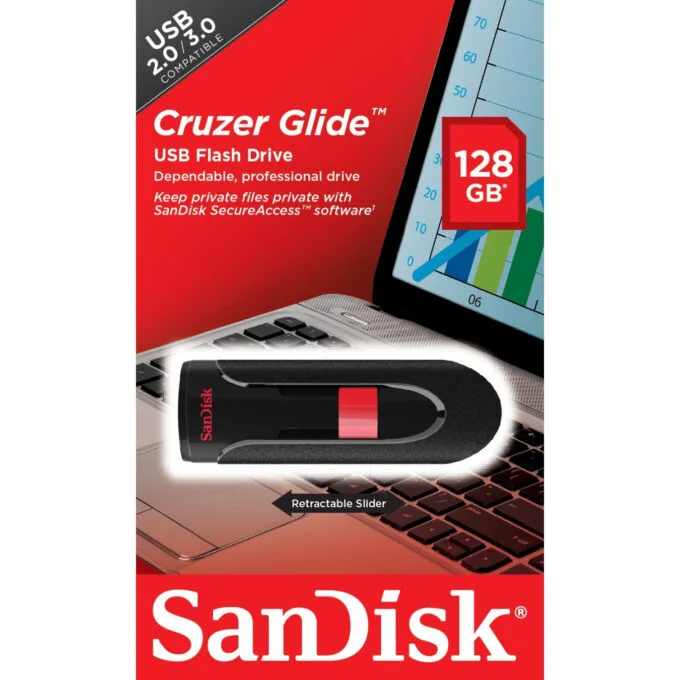 SanDisk Cruzer Glide - 128GB USB 2.0 Flash Drive - Black/Red, USB-A Slide Design, 128-bit AES Password Protection — image 8