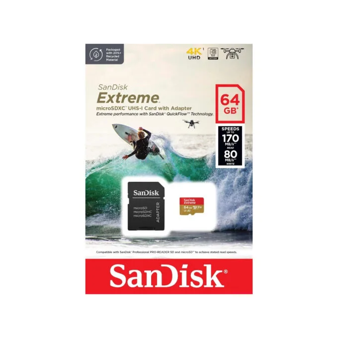 SanDisk Extreme microSDXC - 64GB - 170 MB/s Read, 80 MB/s Write - V30 U3 A2 - Gold/Red w/ SD Adapter — image 3