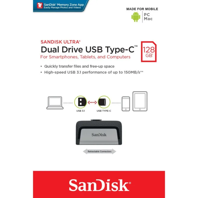 SanDisk Ultra Dual Drive - 128GB - USB 3.2 Gen 1 (USB 3.1) Type-A & Type-C - Black/Silver — image 3