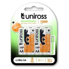 Uniross Rechargeable AA 1000 Hybrio Batteries - AA 1000 Hybrio 4 Pcs