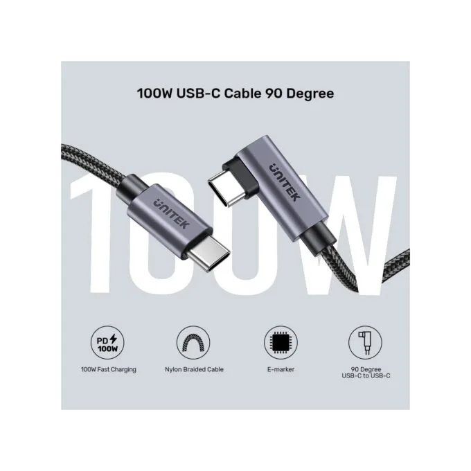 Unitek C14123BK-2M USB-C PD100W L-Shape 2m Cable — image 4