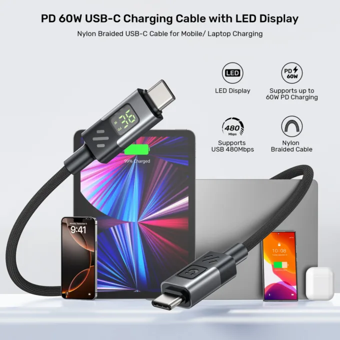 Unitek C14158A-1M USB-C to USB-C 60W PD Braided Cable w/ LED Display 1m — image 4