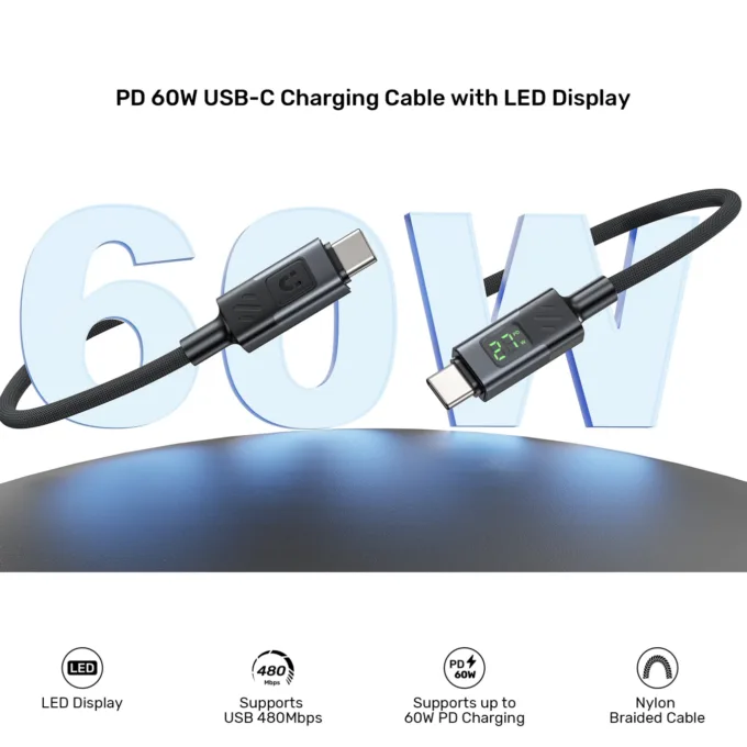 Unitek C14158A-1M USB-C to USB-C 60W PD Braided Cable w/ LED Display 1m — image 5