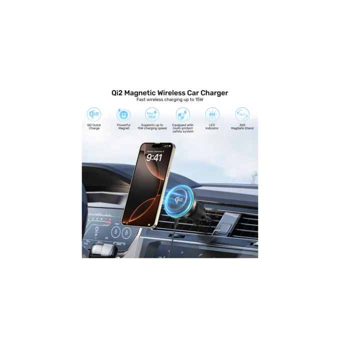 Unitek Charge Car Wireless Qi2 Magnetic 15W & AirVent Mount - P1404A - Charge Car Wireless Qi2 Magnetic 15W & AirVent Mount — image 4
