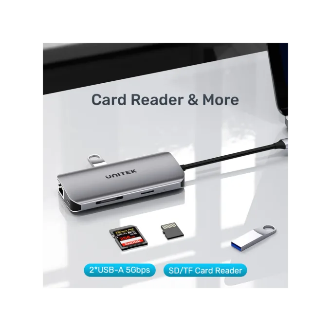 Unitek D1122A 8-in-1 USB-C Hub 2xUSB3.0 2xHDMI MST SD GbE PD100W — image 4
