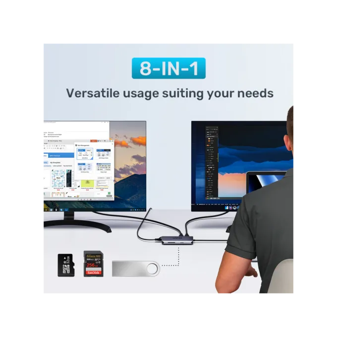Unitek D1122A 8-in-1 USB-C Hub 2xUSB3.0 2xHDMI MST SD GbE PD100W — image 6
