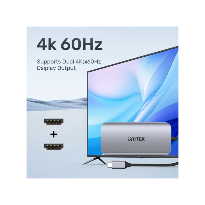 Unitek D1122A 8-in-1 USB-C Hub 2xUSB3.0 2xHDMI MST SD GbE PD100W — image 7