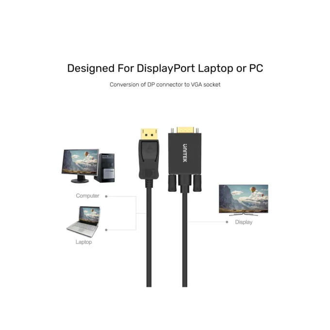 Unitek DisplayPort to VGA Cable - Y-5118F - 1.8m Black Gold Plated — image 4