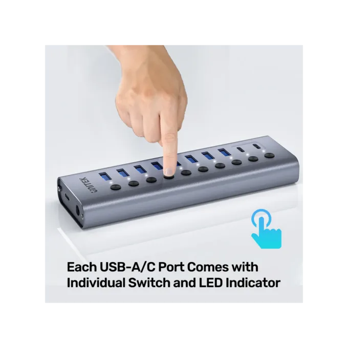 Unitek H1315B USB-C Hub 8xUSB-A Power Switch 2xUSB-C 12V3A — image 7