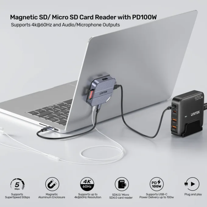 Unitek S1244C Magnetic Card Reader PD100W 4K@60Hz Audio - Space Grey — image 4