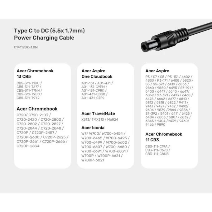 Unitek UCL USB-C to DC Cable 1.8m 65W for Acer 5.5 1.7mm - C14119BK - Unitek UCL USB-C to DC Cable 1.8m 65W for Acer 5.5 1.7mm — image 8