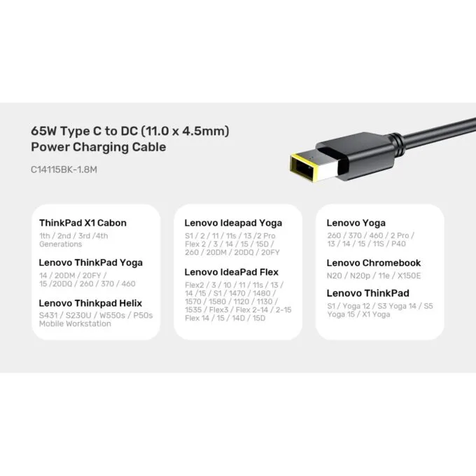 Unitek UCL USB-C to DC Cable - C14115BK - 1.8m 65W for Lenovo 11x4.5mm — image 4