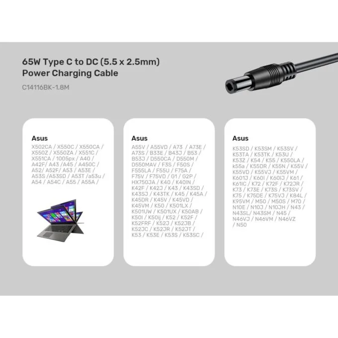 Unitek UCL USB-C to DC Cable - C14116BK - 1.8 m, 65W PD, for Toshiba-Asus, 5.5x2.5 mm — image 4