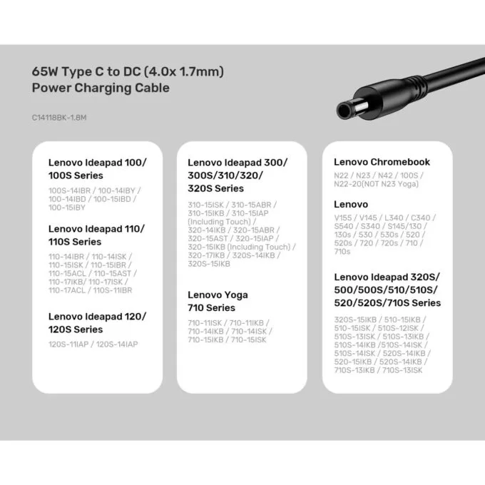 Unitek UCL USB-C to DC Cable - C14118BK - 1.8m 65W for Lenovo 4.0x1.7mm — image 4