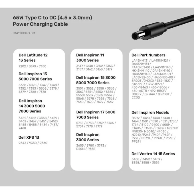 Unitek UCL USB-C to DC Cable - C14120BK - 1.8m 65W for Dell 4.5 3.0mm — image 4