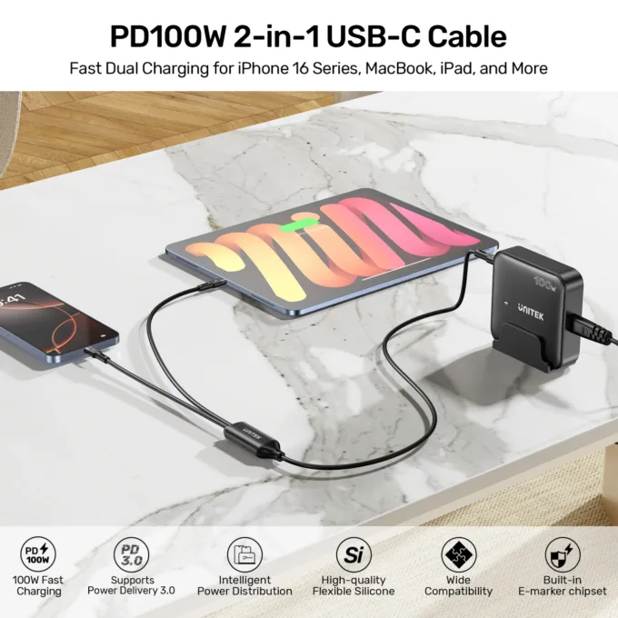 Unitek USB-C Cable - C14146ABK01-1.8M - PD100W 2-in-1 Dual Charging — image 3