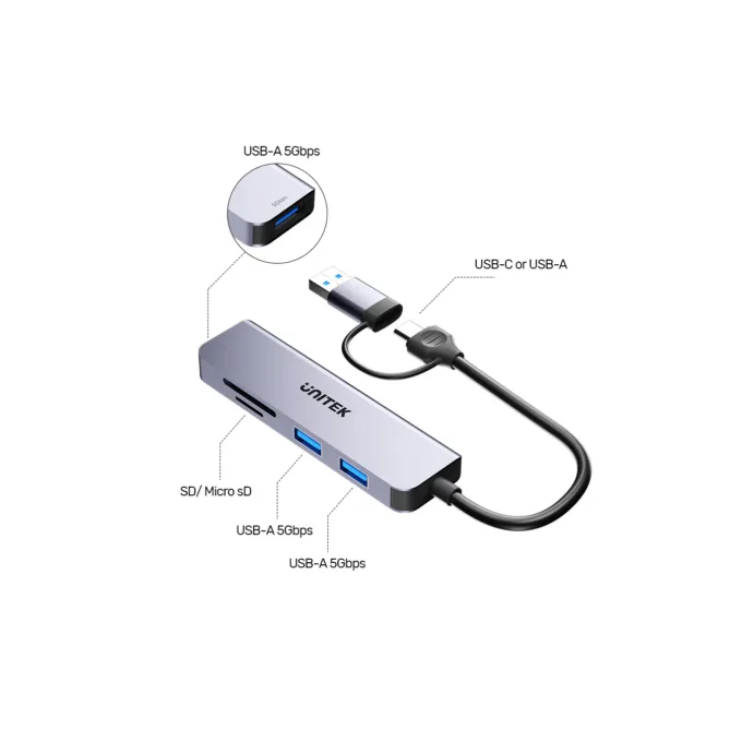 Unitek USB-C Hub H1320A - 3x USB-A 5Gbps, SD/MicroSD Reader — image 3