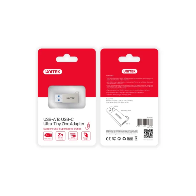 Unitek USB3.1 Type-C Female to Type-A Male 5Gbps Adapter Silver A1034NI — image 8