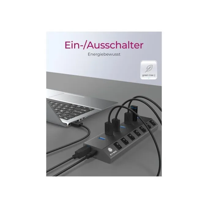 USB 3.0 Hub 7-Port ICY BOX - Grey, self-powered with external power supply, 7x USB 3.0, per-port on/off switches — image 2