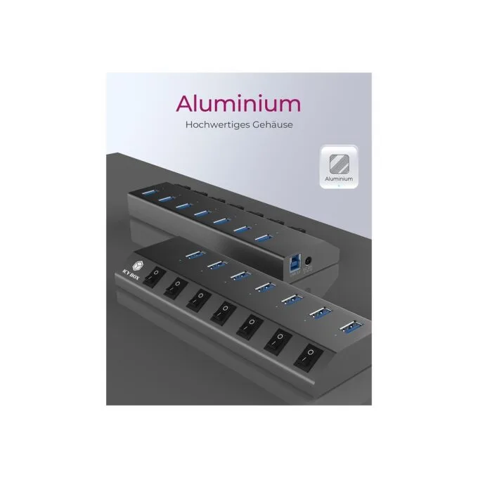 USB 3.0 Hub 7-Port ICY BOX - Grey, self-powered with external power supply, 7x USB 3.0, per-port on/off switches — image 3