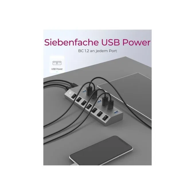 USB 3.0 Hub 7-Port ICY BOX - Grey, self-powered with external power supply, 7x USB 3.0, per-port on/off switches — image 4