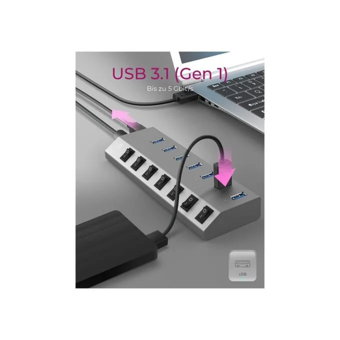 USB 3.0 Hub 7-Port ICY BOX - Grey, self-powered with external power supply, 7x USB 3.0, per-port on/off switches — image 5