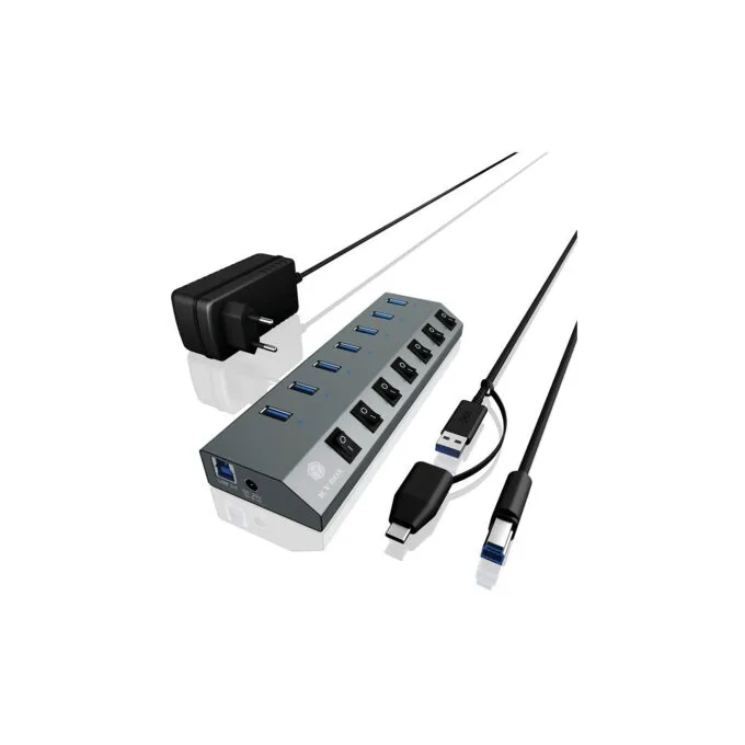 USB 3.0 Hub 7-Port ICY BOX - Grey, self-powered with external power supply, 7x USB 3.0, per-port on/off switches — image 1