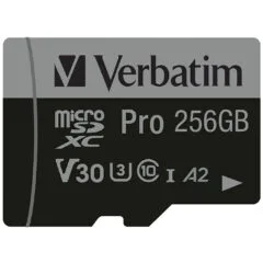 Verbatim Pro microSDXC 256GB - Class 10 UHS-I U3 V30 - Black, with SD Adapter