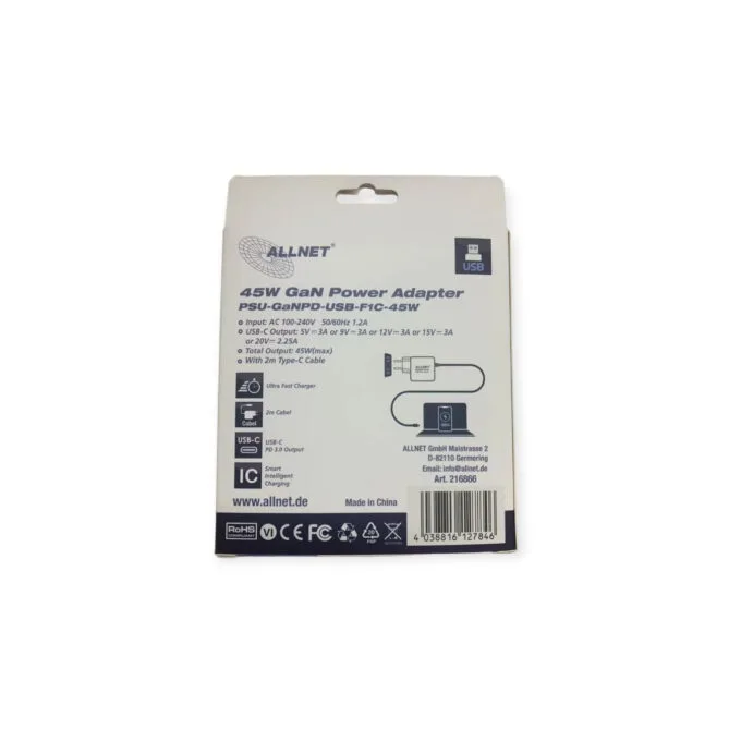 Z ALLNET Ersatznetzteil QC USB-C PD GaN Netzteil Power Supply45Watt 1x USB Typ-C mit 2m festem Kabel EU PLUG — image 4