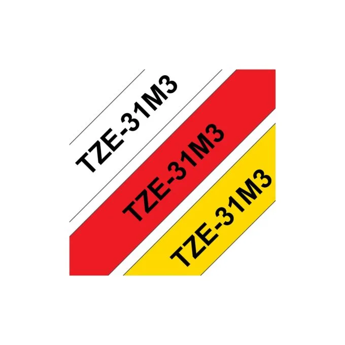 BROTHER TZE31M3 Schriftbandkassette 12mmx8m 3er Pack TZ231 weiss schwarz TZ431 rot schwarz TZ631 gelb schwarz laminiert — image 1