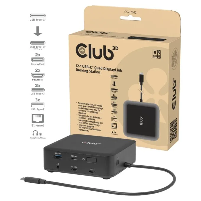 Club3D USB-C 12in1-Dock to 2xDP 2xHDMI 3xUSB-C 8K30Hz PD100W — image 2