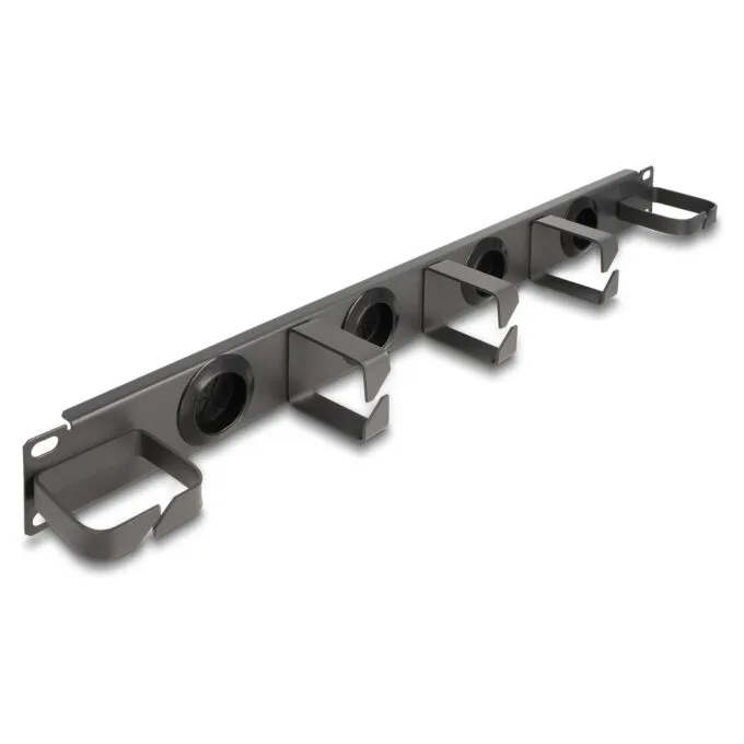 Delock 19? Kabelmanagement Rangierpanel mit 4 Gummi Kabeldurchführungen und 5 Metall Bügeln 1 HE dunkelgrau — image 1