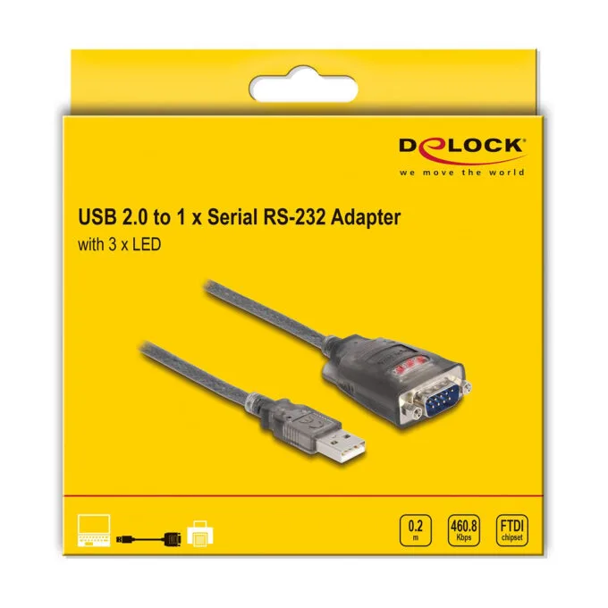 Delock Adapter USB 2.0 Typ-A zu 1 x Seriell RS-232 D-Sub 9 Pin Stecker mit Muttern mit 3 x LED 0.2 m — image 2