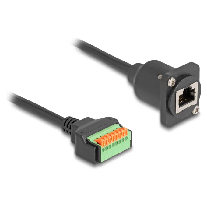 Delock D-Typ Kabel RJ45 Buchse zu Terminalblock mit Drucktaster Cat.5e schwarz 30 cm — image 1