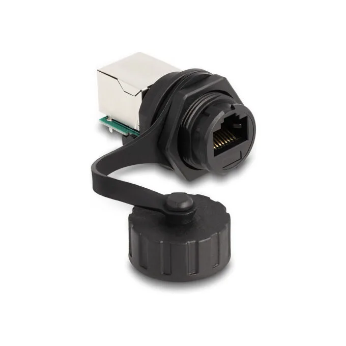 Delock Kabelverbinder RJ50 Buchse zu RJ50 Buchse zum Einbau mit Verschlusskappe IP68 staub- und wasserdicht schwarz — image 1