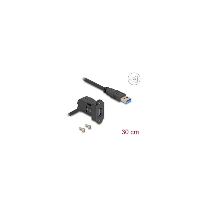 Delock Keystone Modul USB 5 Gbps Typ-A Einbaubuchse 45° gewinkelt zu Typ-A Stecker mit 30 cm Kabel schwarz — image 1