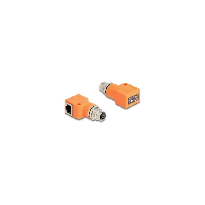 Delock M12 Adapter A-kodiert 8 Pin Buchse zu RJ45 Buchse Cat.5e mit Befestigungsloch 90° gewinkelt orange — image 1