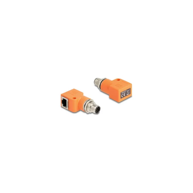Delock M12 Adapter A-kodiert 8 Pin Stecker zu RJ45 Buchse Cat.5e mit Befestigungsloch 90° gewinkelt orange — image 1